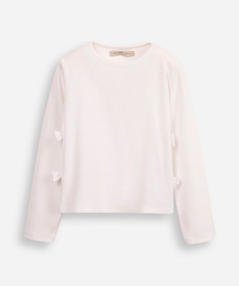 blusa de algodão infantil manga longa com lacinho off white