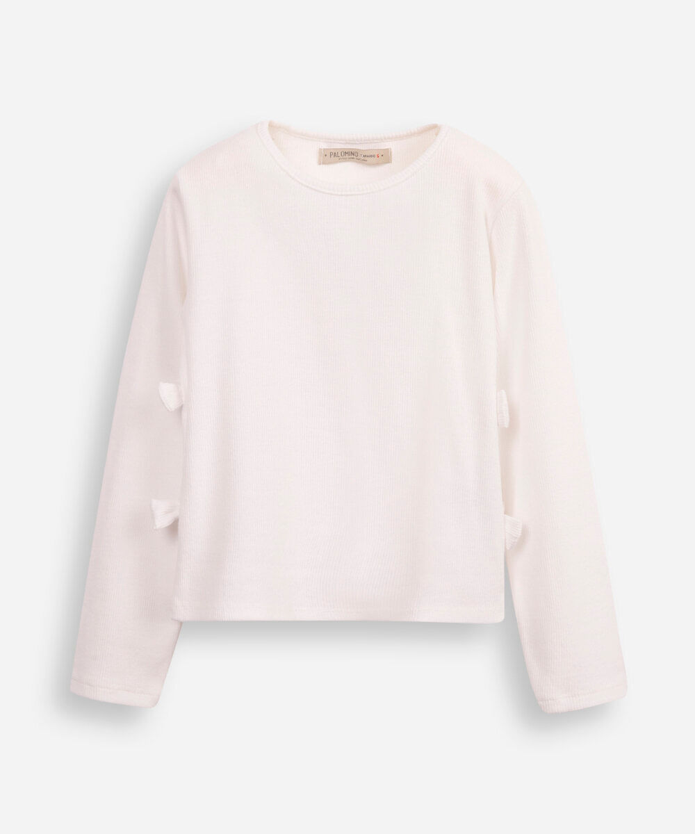 blusa de algodão infantil manga longa com lacinho off white