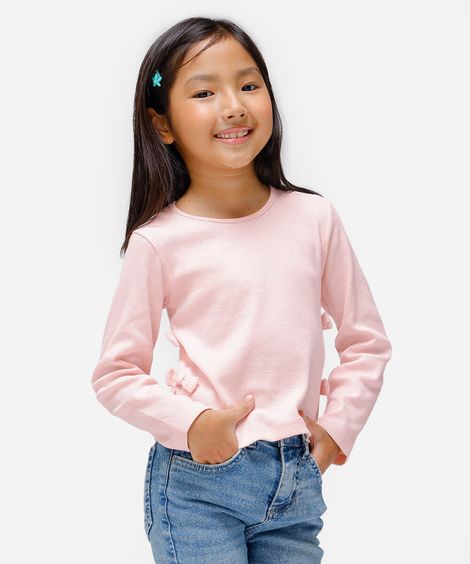 blusa de algodão infantil manga longa com lacinho rosa