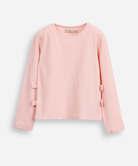 blusa de algodão infantil manga longa com lacinho rosa