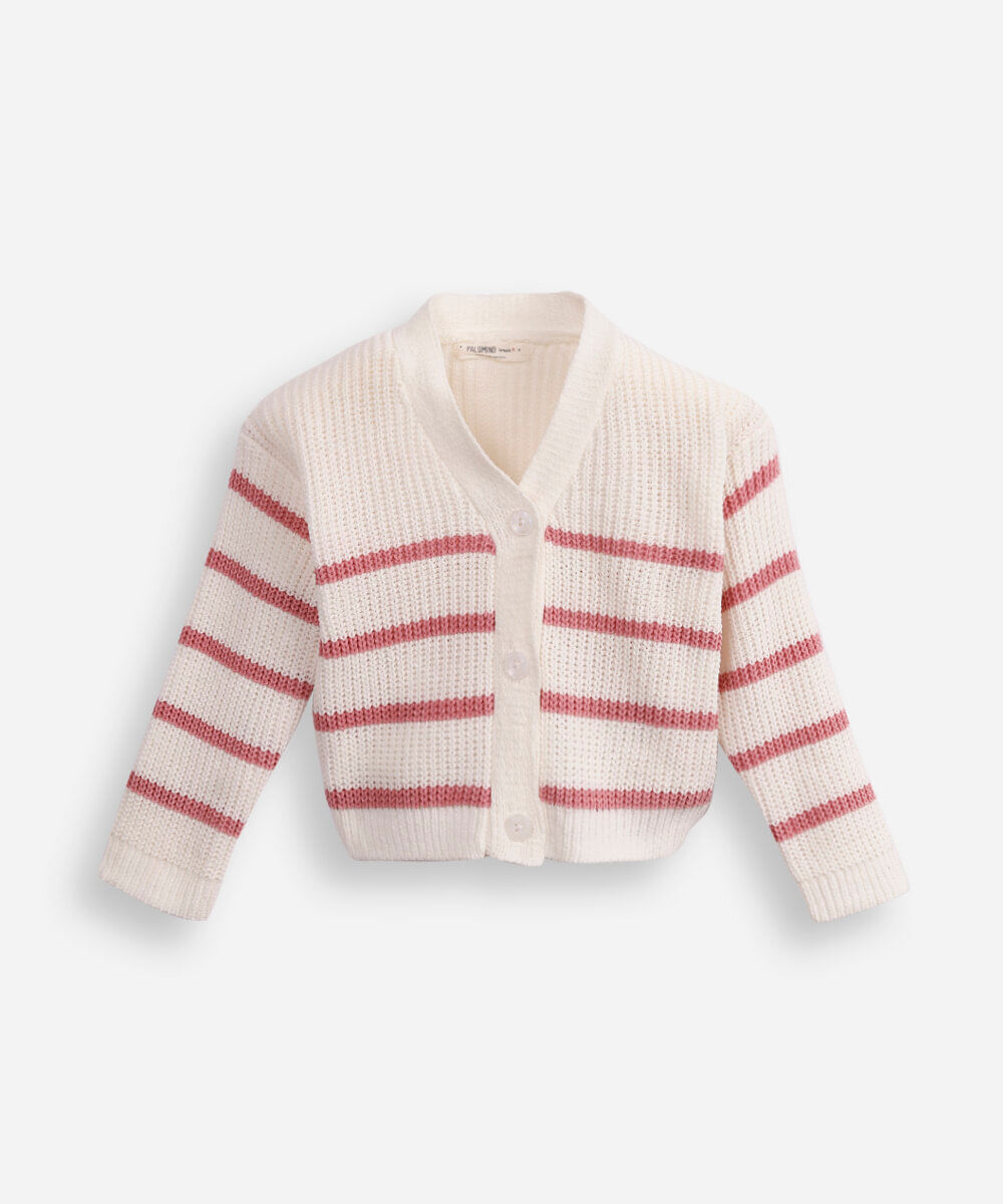 cardigan infantil de tricot listrado rosa