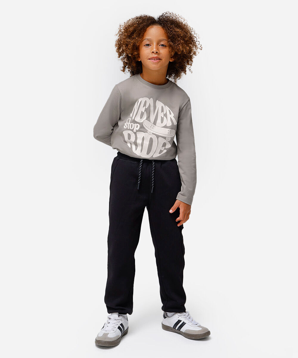 blusa de algodão infantil manga longa never stop ride cinza