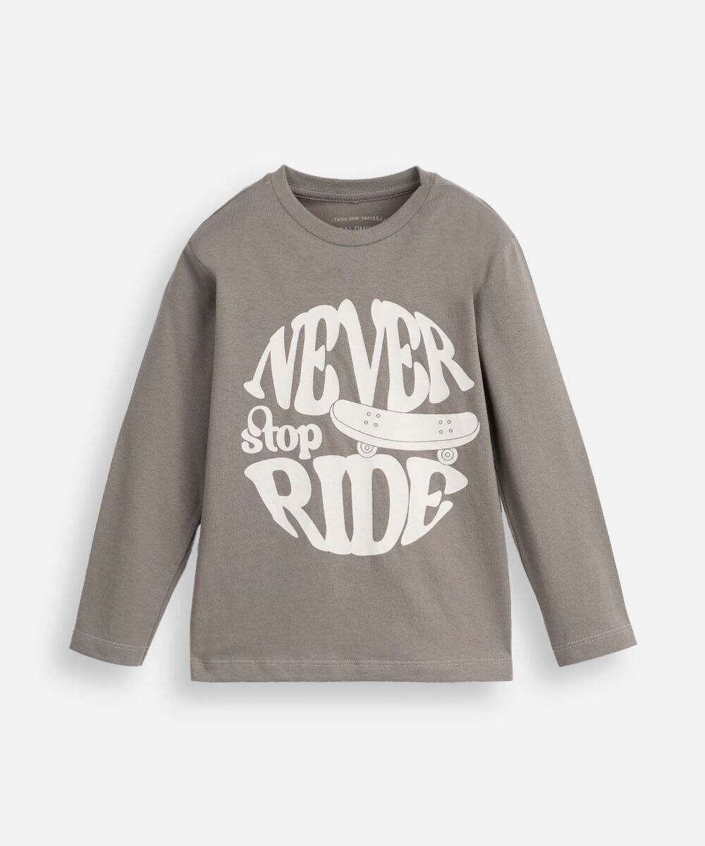blusa de algodão infantil manga longa never stop ride cinza