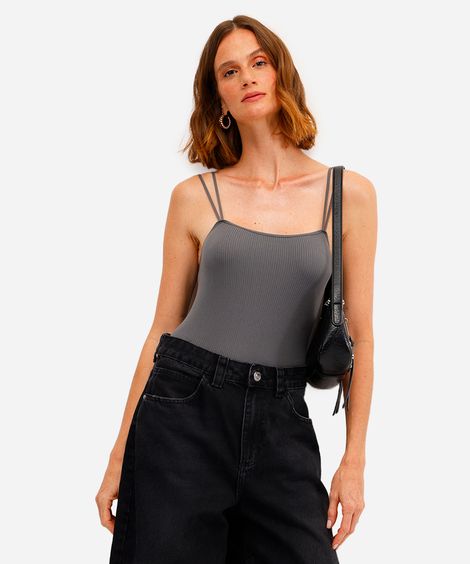 body básico feminino de poliamida canelado cinza