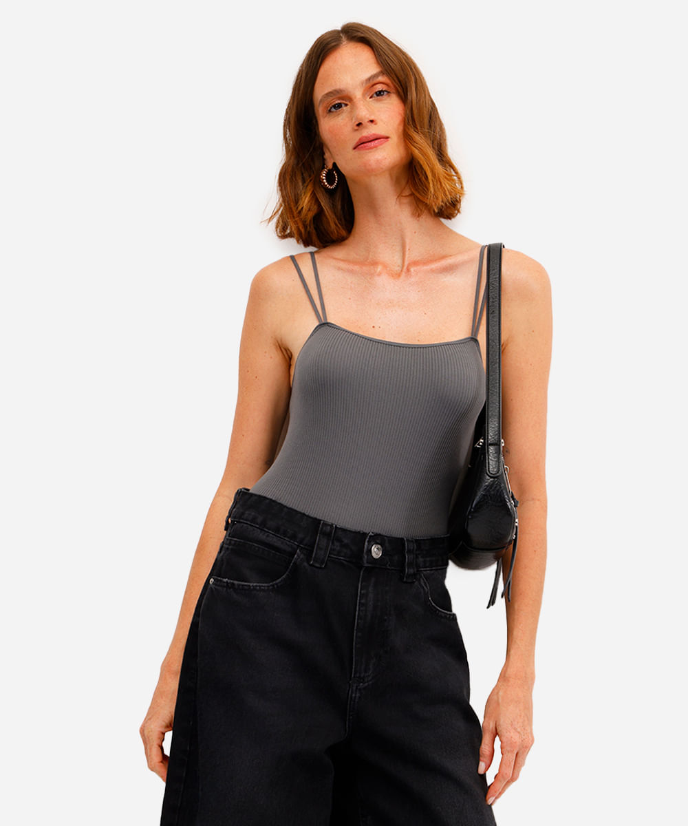 body básico feminino de poliamida canelado cinza