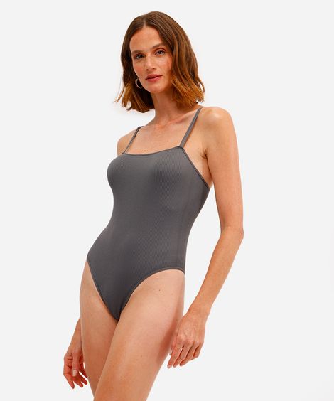 body básico feminino de poliamida canelado cinza