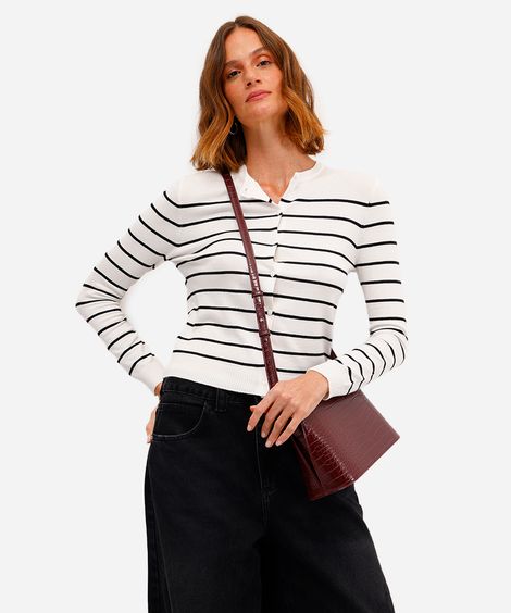 cardigan básico feminino de tricot listrado off white