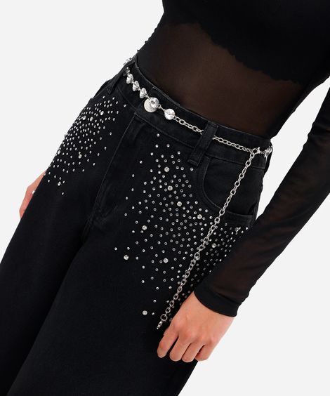 cinto de corrente com pedraria prateado