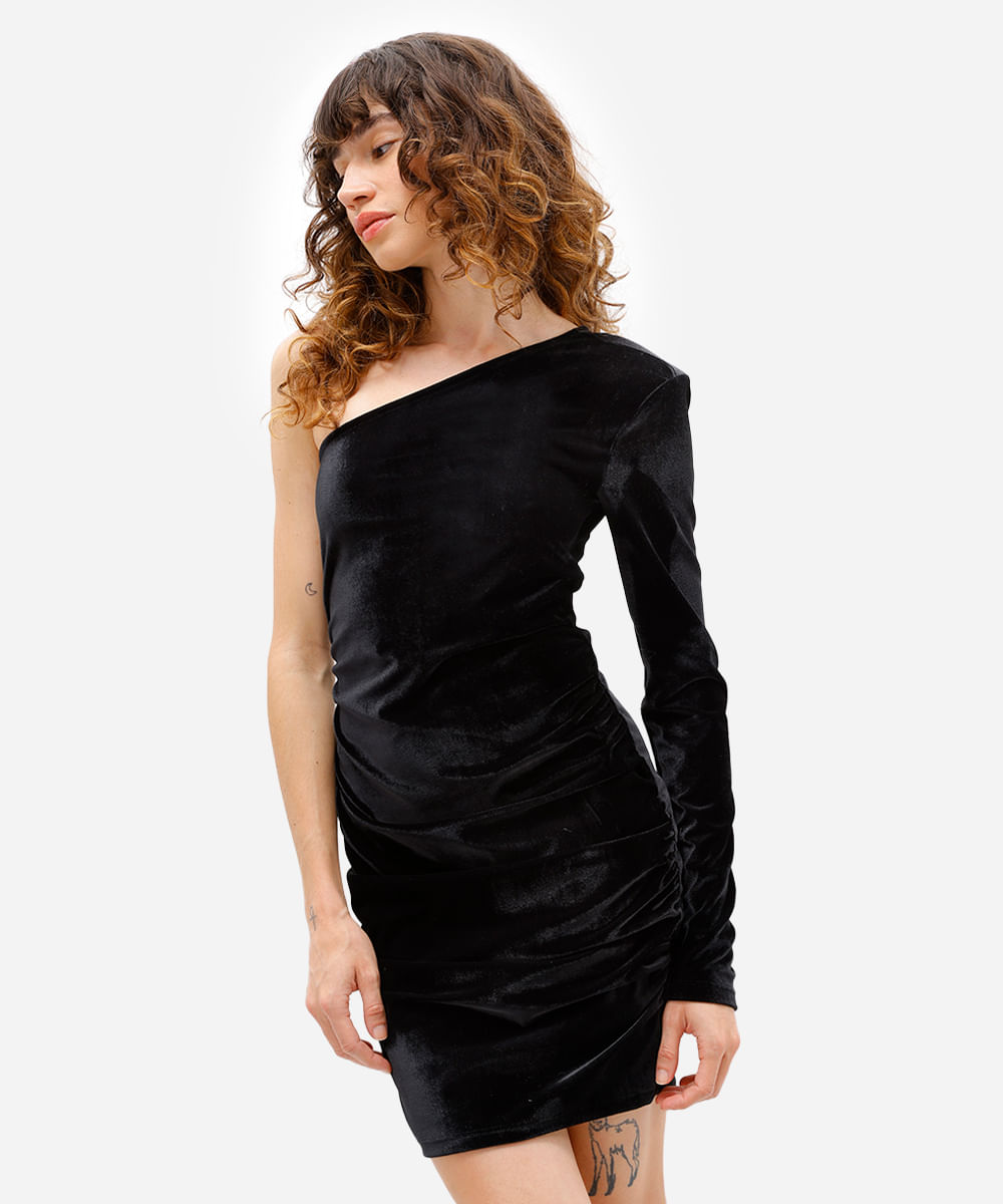 vestido ombro único feminino de veludo franzido preto