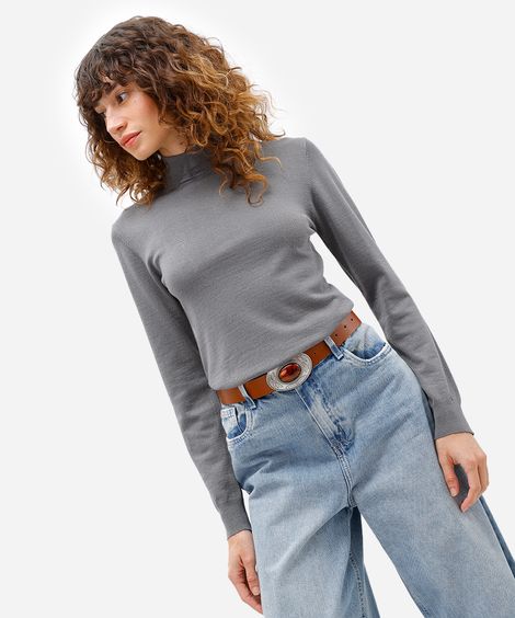 blusa feminina de tricot manga longa gola alta cinza