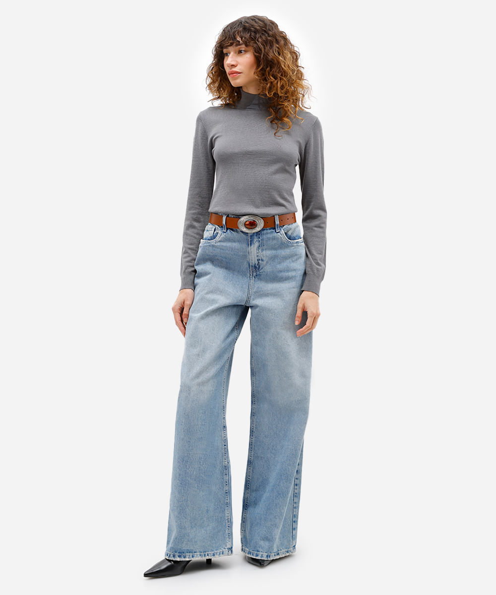 blusa feminina de tricot manga longa gola alta cinza