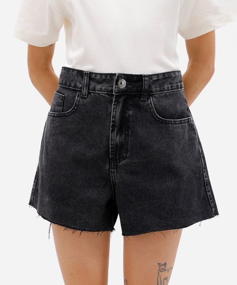 short feminino jeans cintura média preto