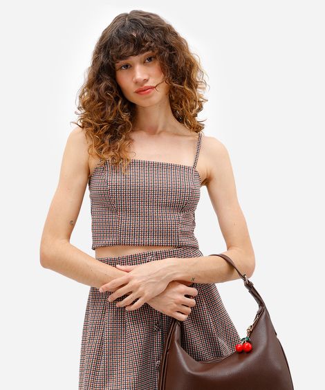 cropped feminino alça fina xadrez marrom