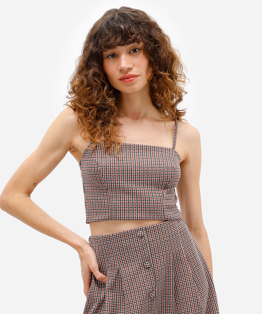 cropped feminino alça fina xadrez marrom