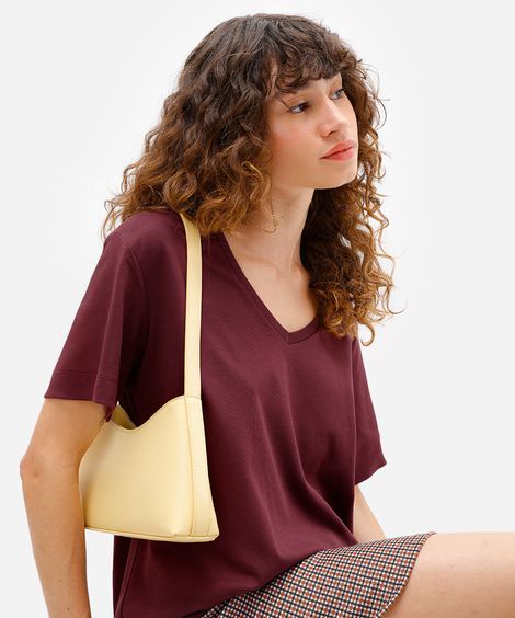 camiseta feminina de algodão peruano básica decote v vinho