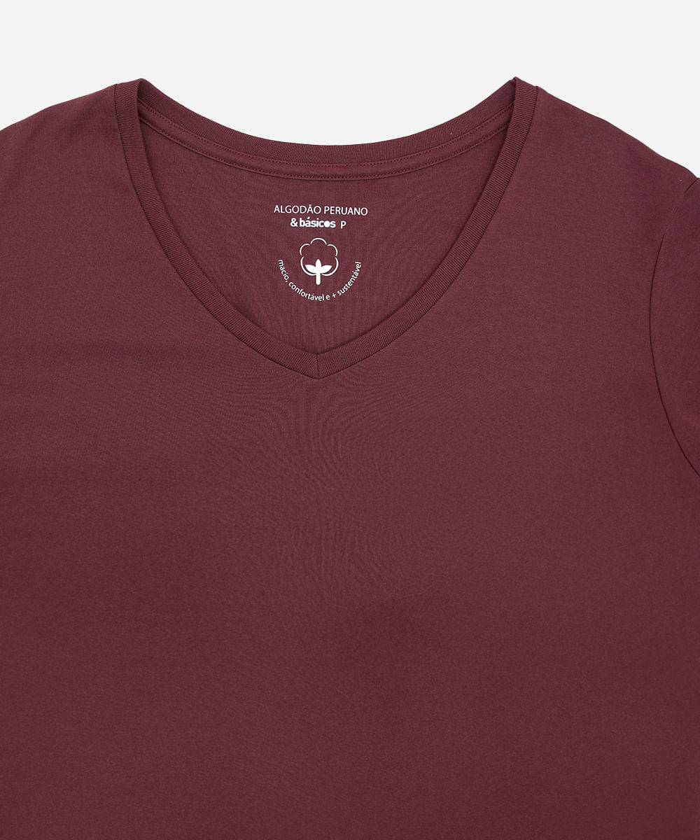 camiseta feminina de algodão peruano básica decote v vinho