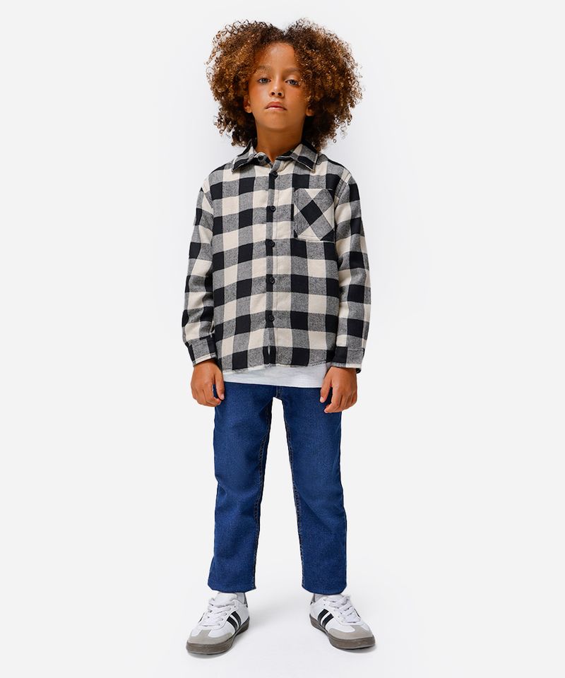 camisa de algodão infantil manga longa xadrez preta