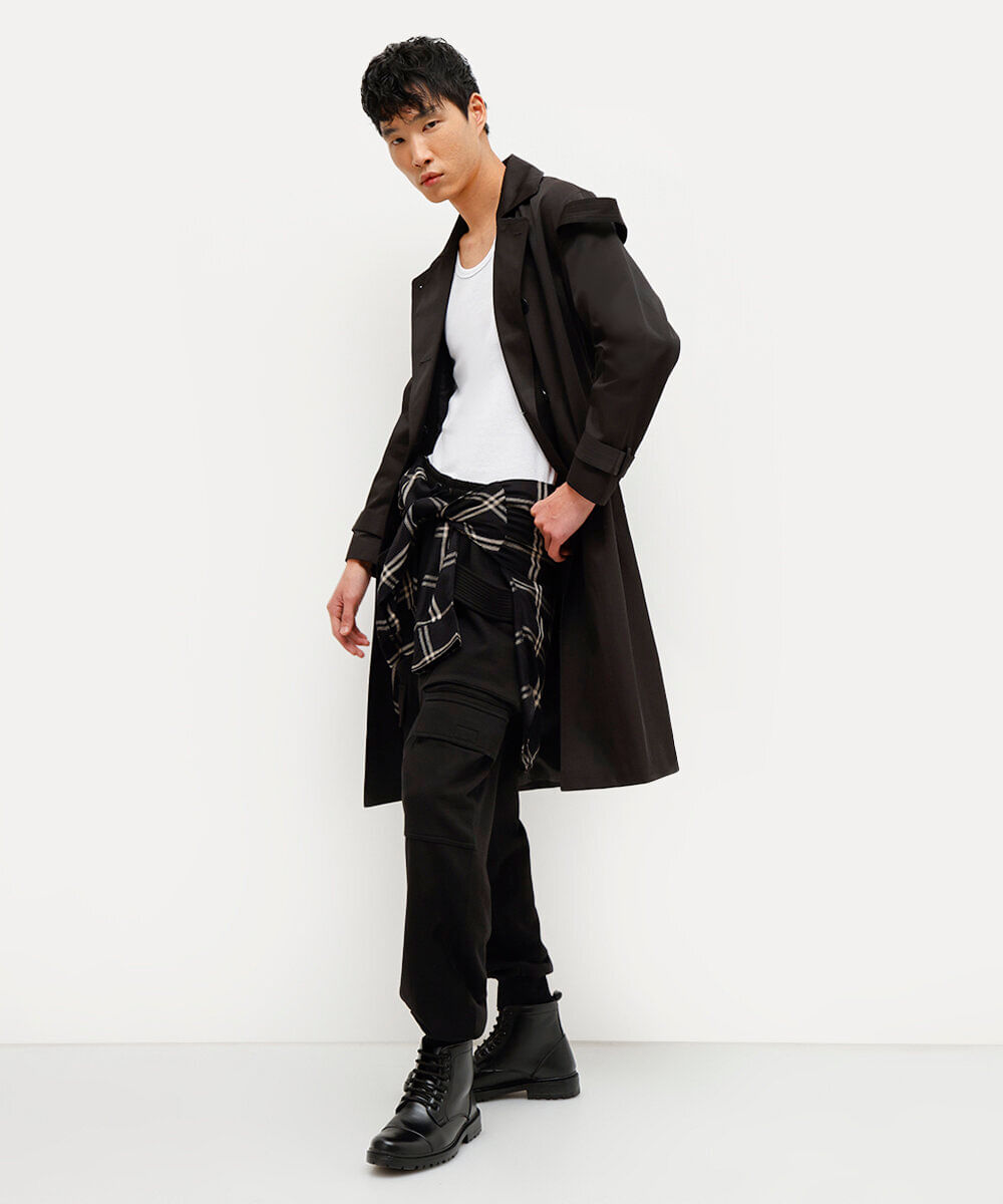 casaco trench coat unissex yan acioli preto