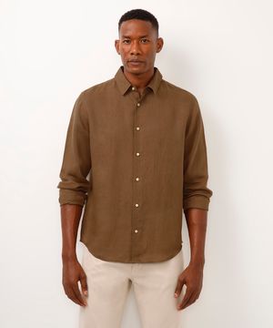 camisa comfort de linho manga longa bege
