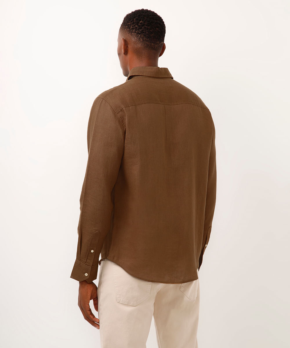 camisa comfort de linho manga longa bege