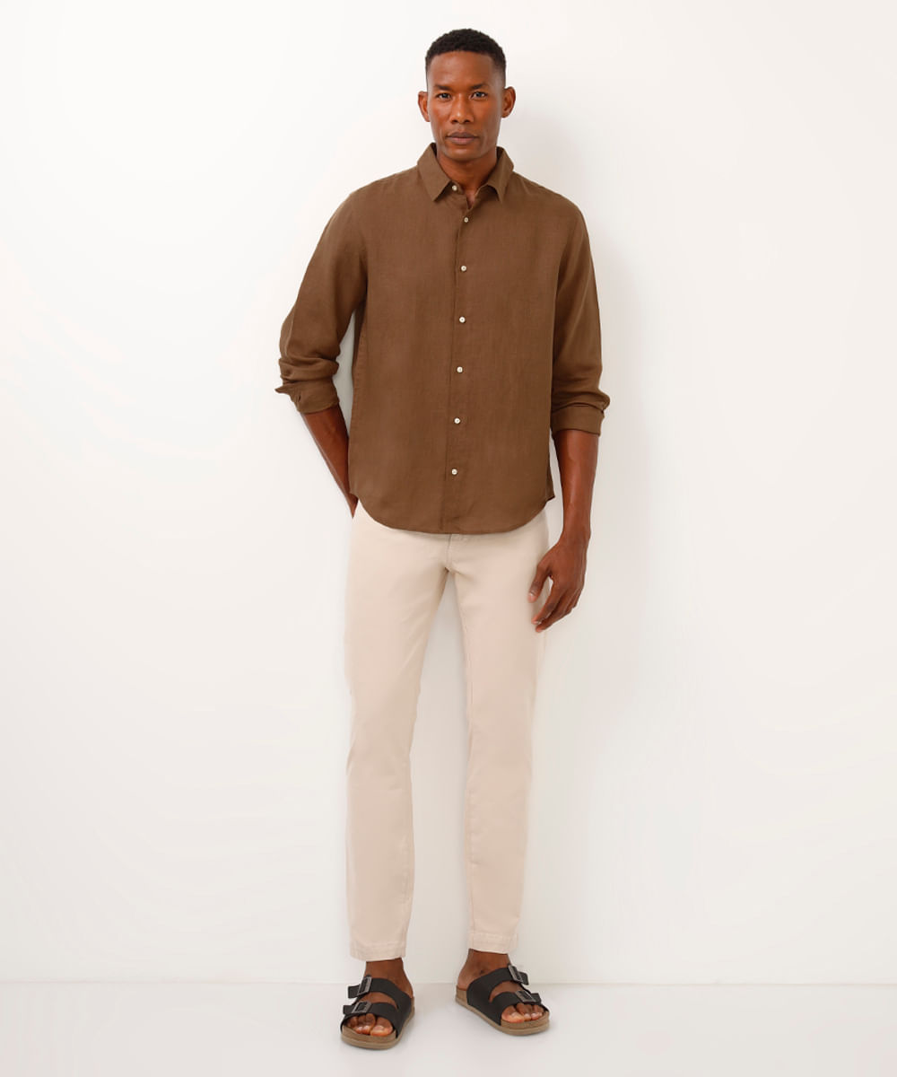 camisa comfort de linho manga longa bege