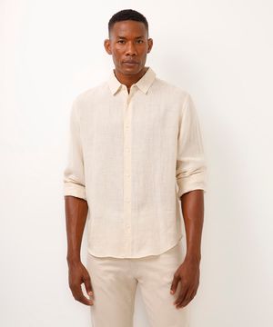 camisa comfort de linho manga longa bege