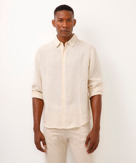 camisa comfort de linho manga longa bege