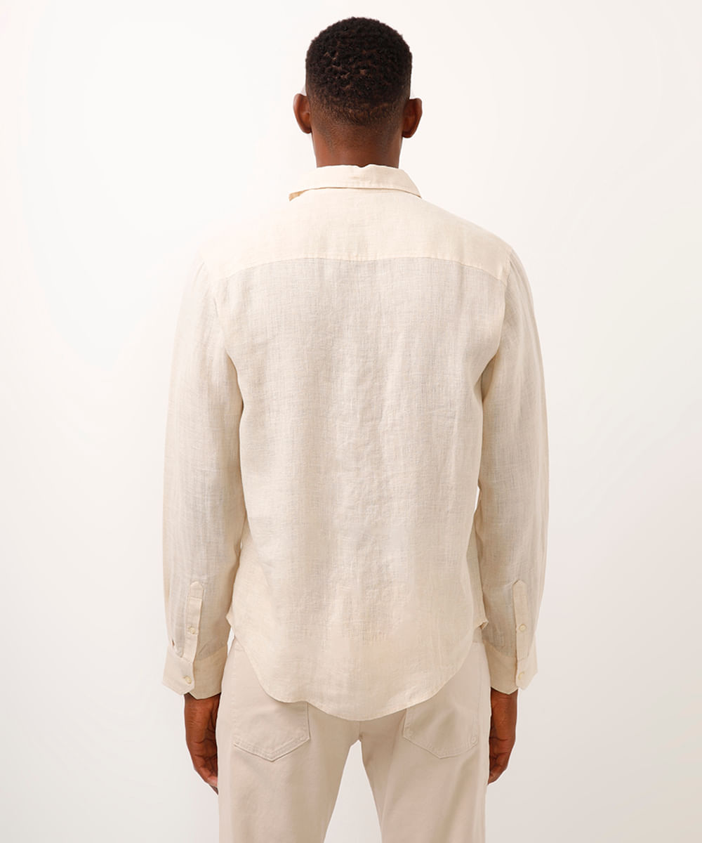 camisa comfort de linho manga longa bege