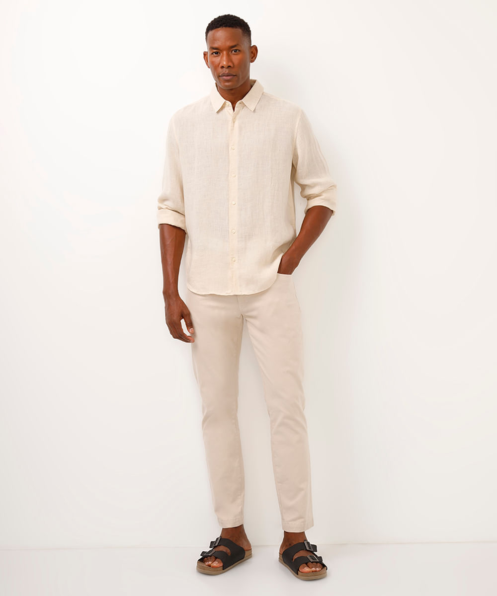 camisa comfort de linho manga longa bege
