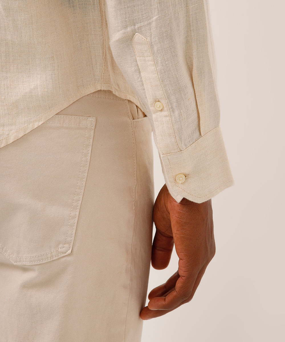 camisa comfort de linho manga longa bege