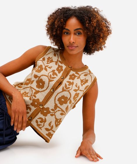 colete feminino de tricot floral bege