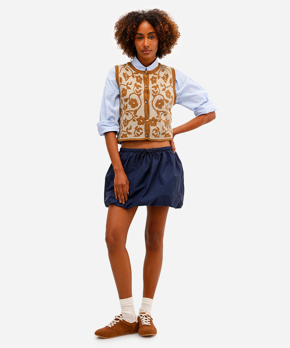 colete feminino de tricot floral bege