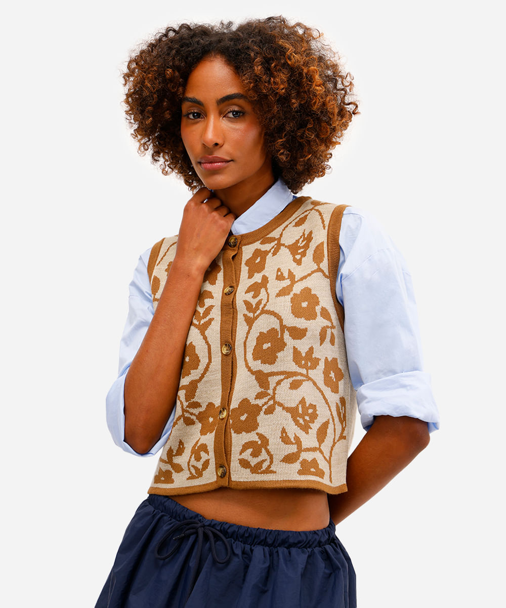 colete feminino de tricot floral bege