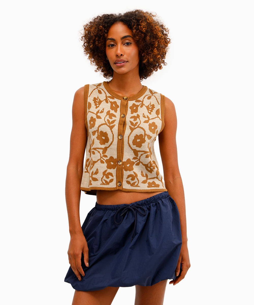 colete feminino de tricot floral bege