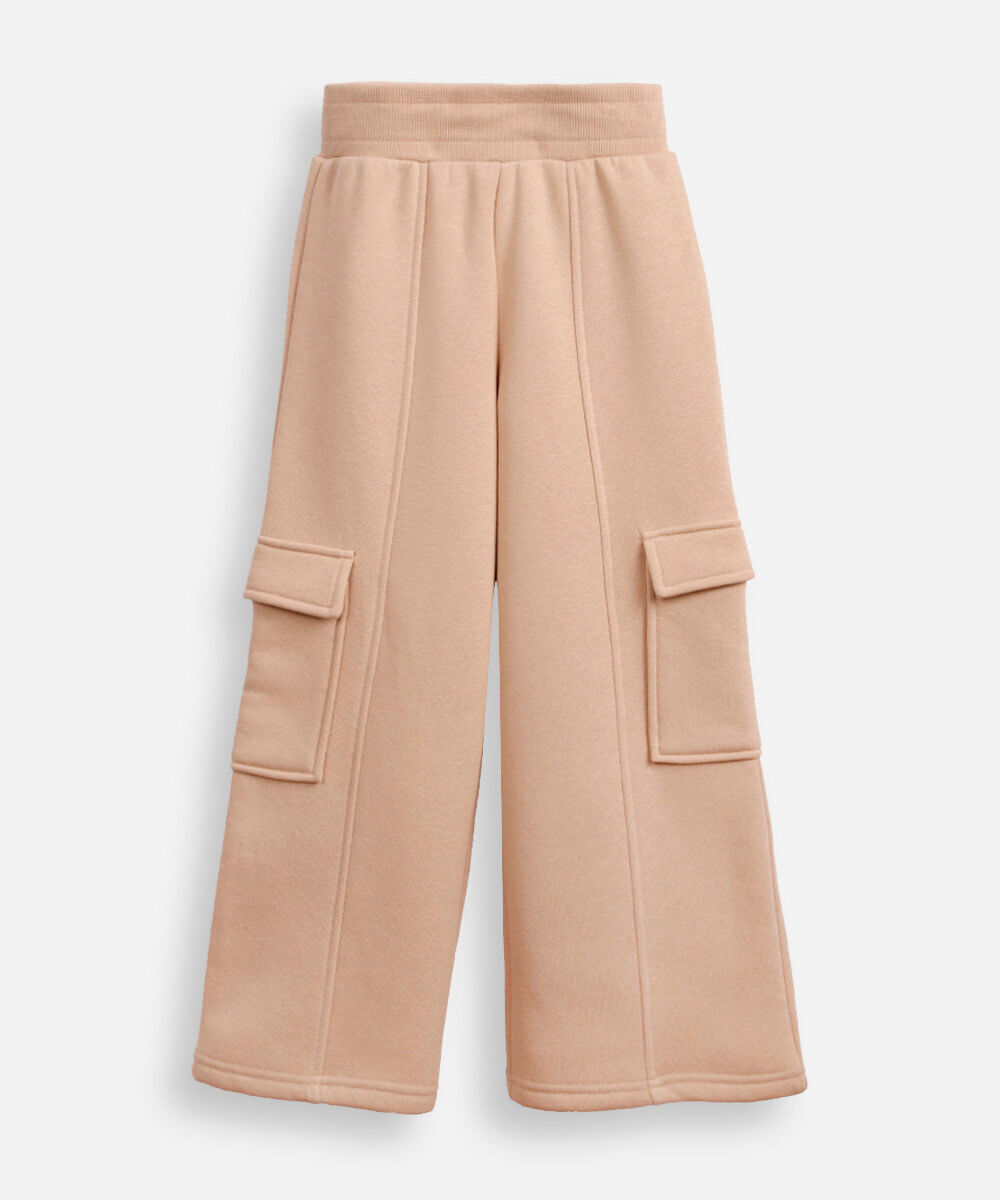 calça wide leg infantil de moletom bolso com lapela bege