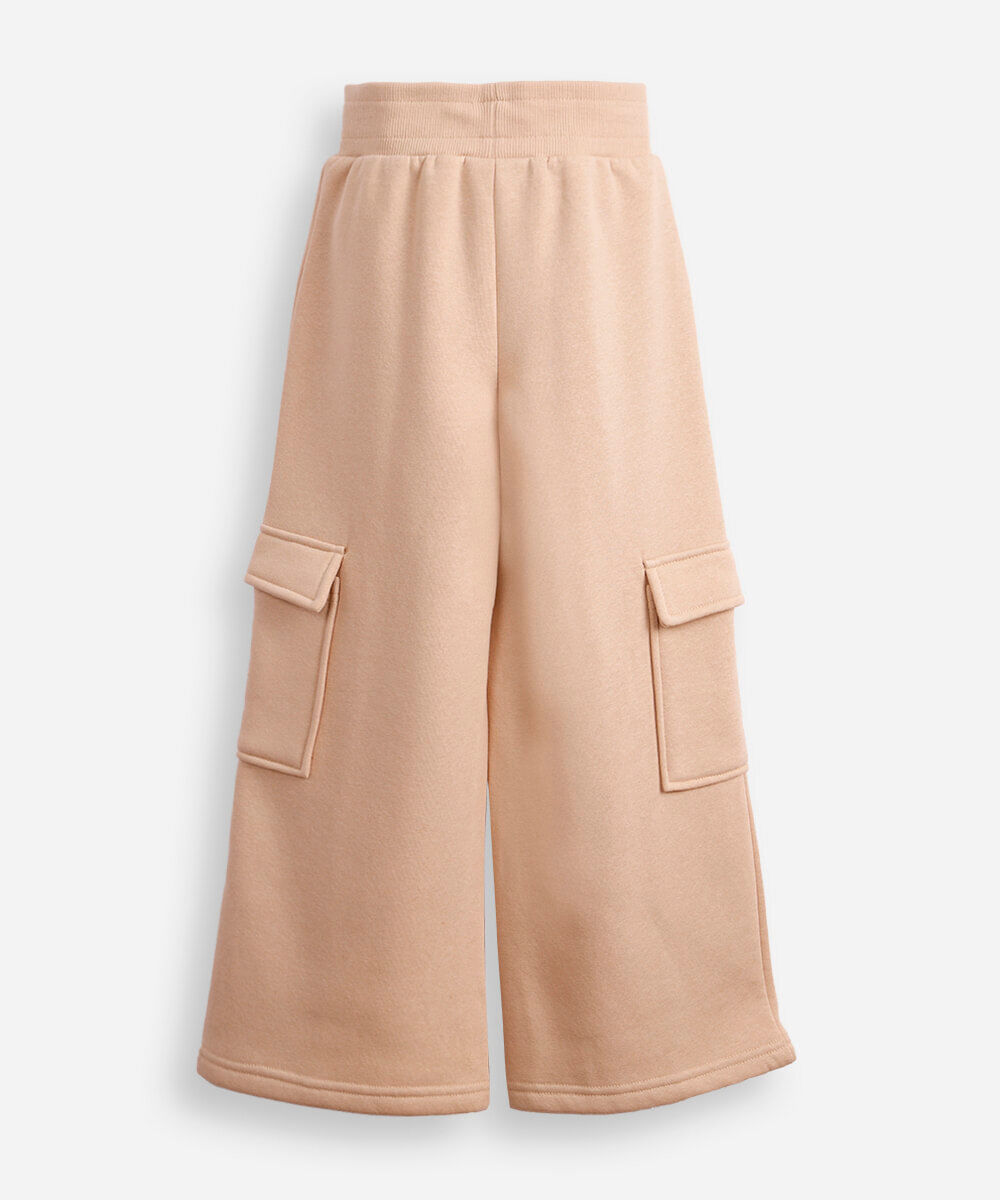 calça wide leg infantil de moletom bolso com lapela bege