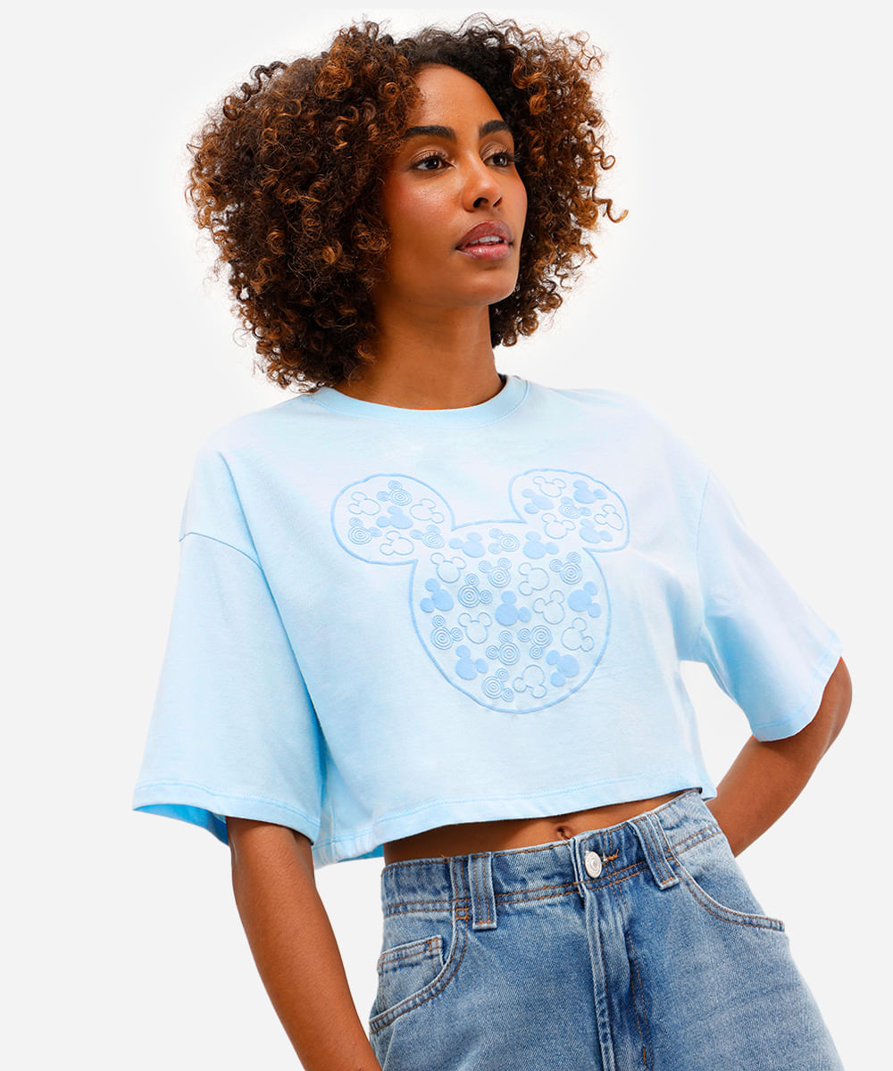 cropped feminino de algodão mickey texturizado azul