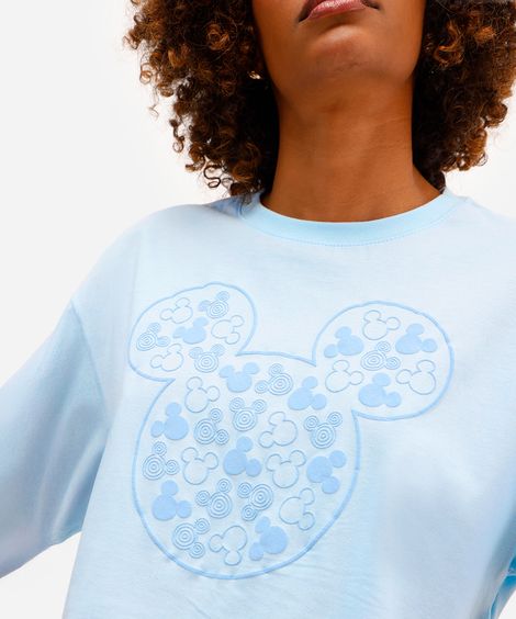 cropped feminino de algodão mickey texturizado azul
