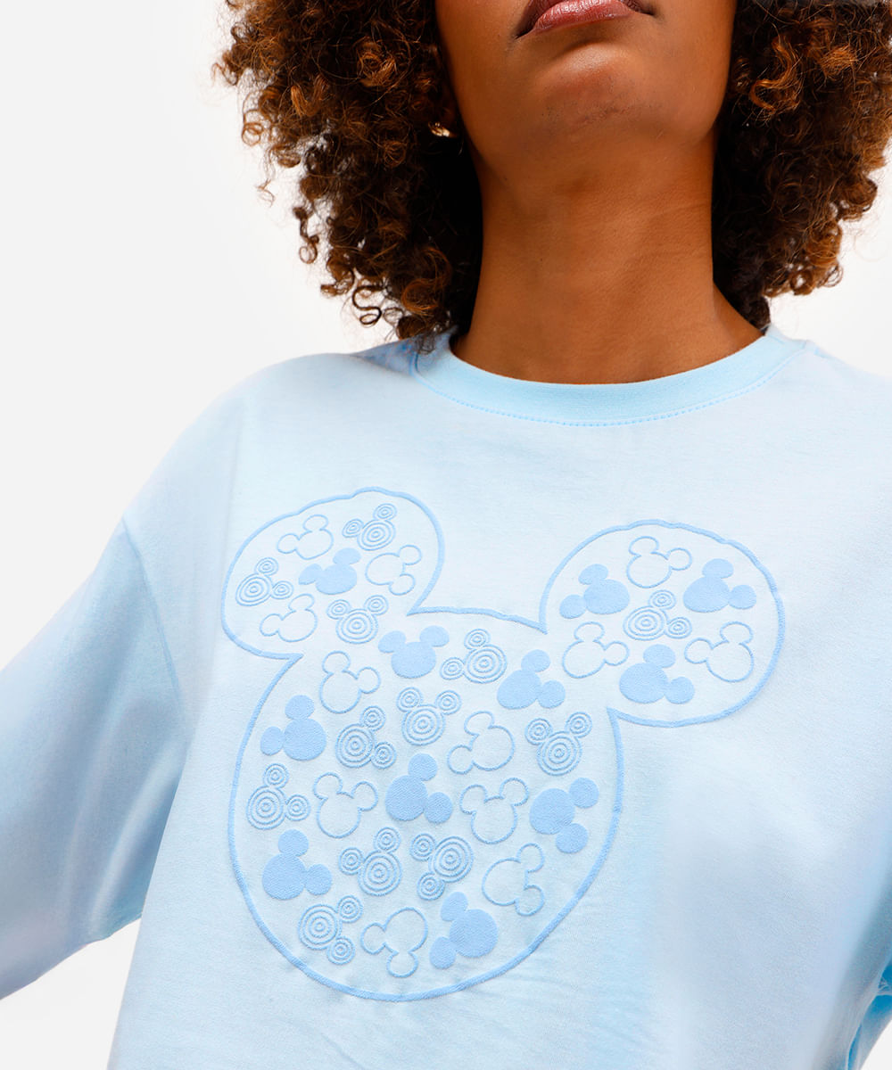 cropped feminino de algodão mickey texturizado azul