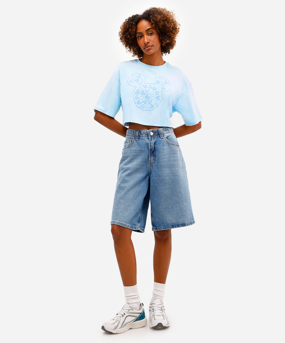 cropped feminino de algodão mickey texturizado azul