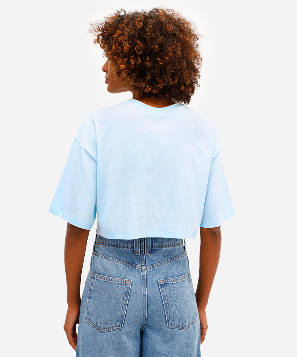 cropped feminino de algodão mickey texturizado azul
