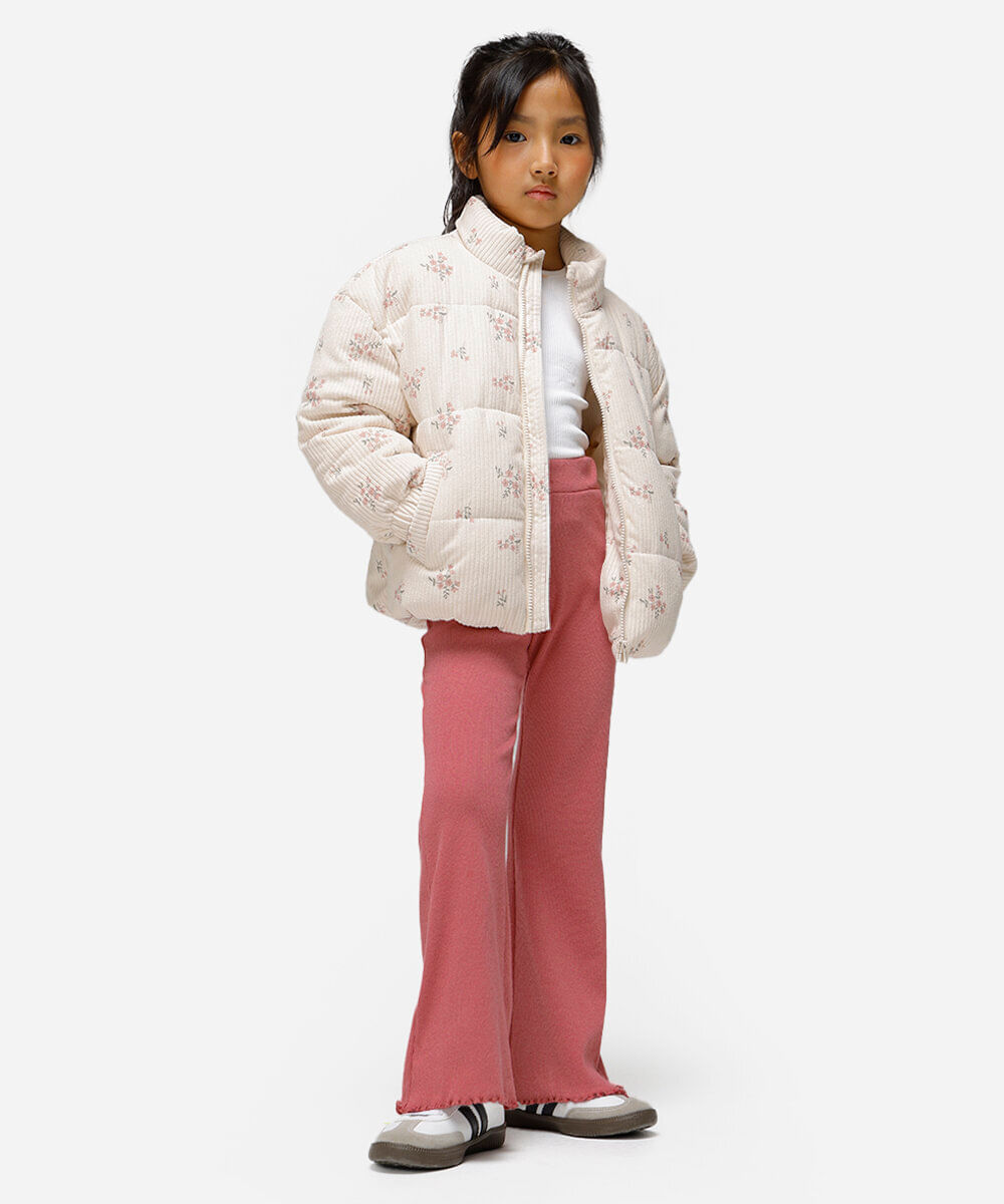 calça flare infantil canelada com fru fru rosa