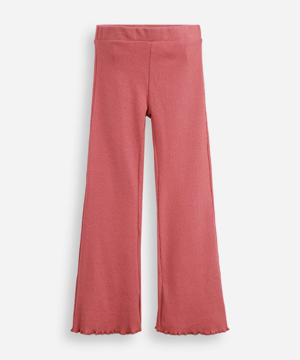 calça flare infantil canelada com fru fru rosa