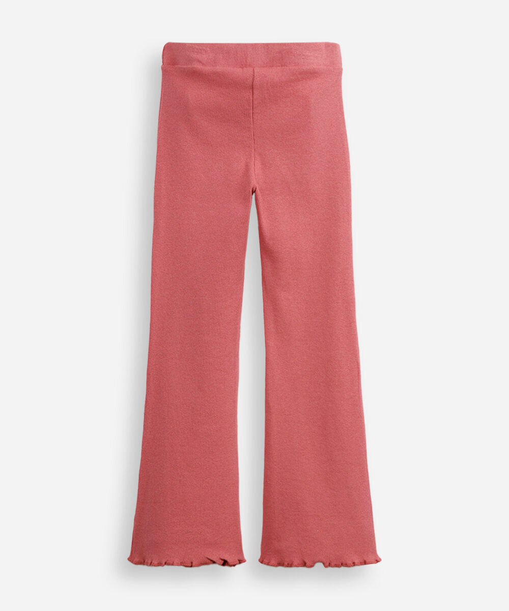 calça flare infantil canelada com fru fru rosa