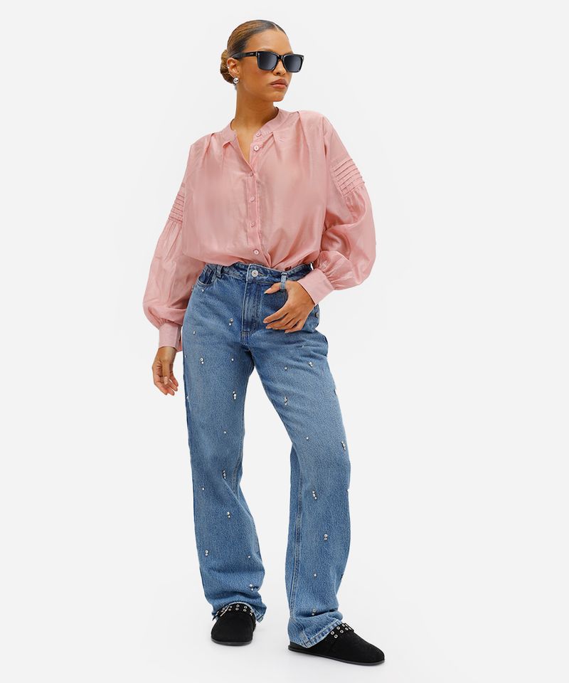 calça reta feminina jeans com brilhos azul