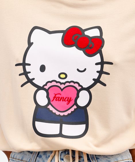 camiseta feminina de viscose hello kitty com amarração bege