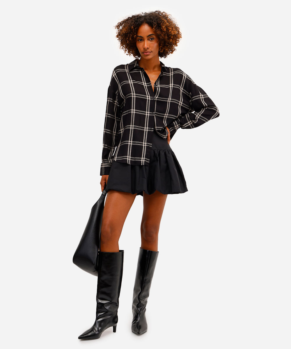 camisa feminina de viscose xadrez preta