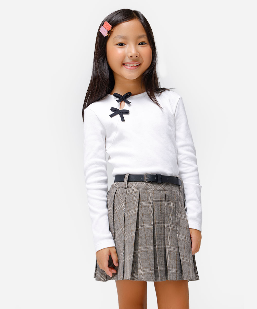 saia curta infantil plissada xadrez cinza