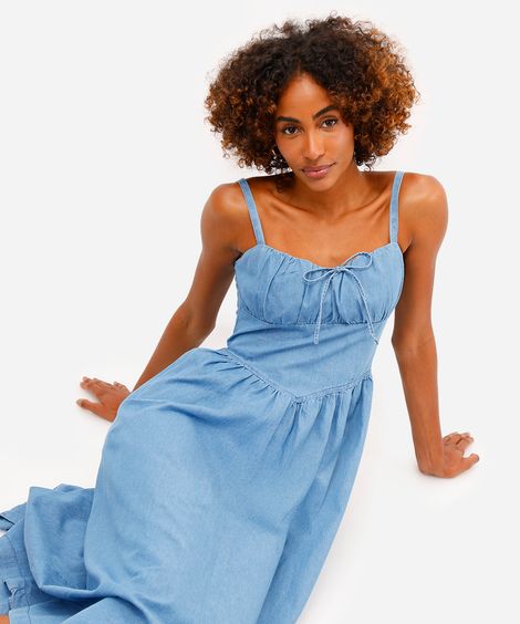 vestido midi feminino jeans com bolsos  azul