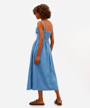 vestido midi feminino jeans com bolsos  azul